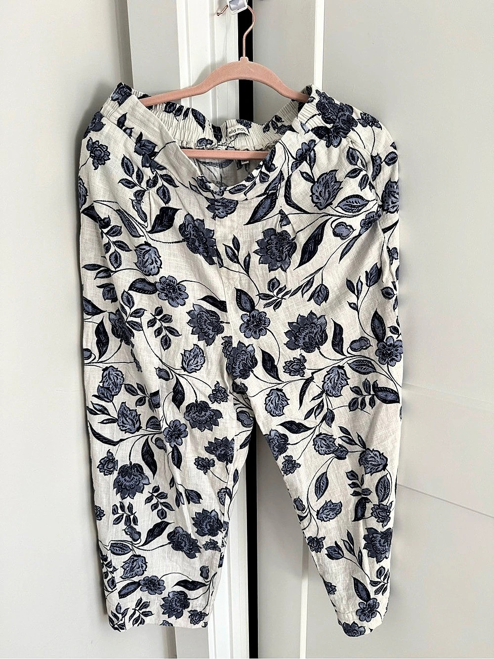 Ella Moss Linen Blend Floral Print Wide Leg Pants Cream & Blue Medium